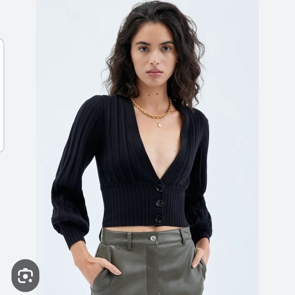 Aritzia Black Ribbed Deep V-Neck Button Front Cardigan
